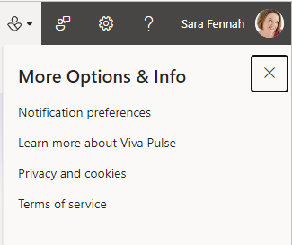 Screenshot of the Viva Pulse menu options.  The options are Notification preferences, Learn more about Viva Pulse, Privacy and cookies, Terms of service. 