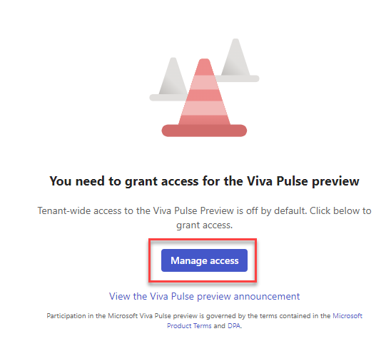 Screenshot of the Viva Pulse landing page before public preview is enabled with the Manage Access button highlighted