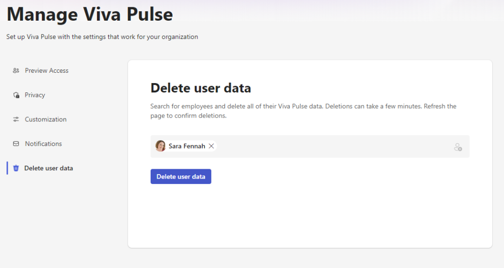 Screenshot of the delete user data options described in the text.  Showing one user name entered with the Delete user data button available.