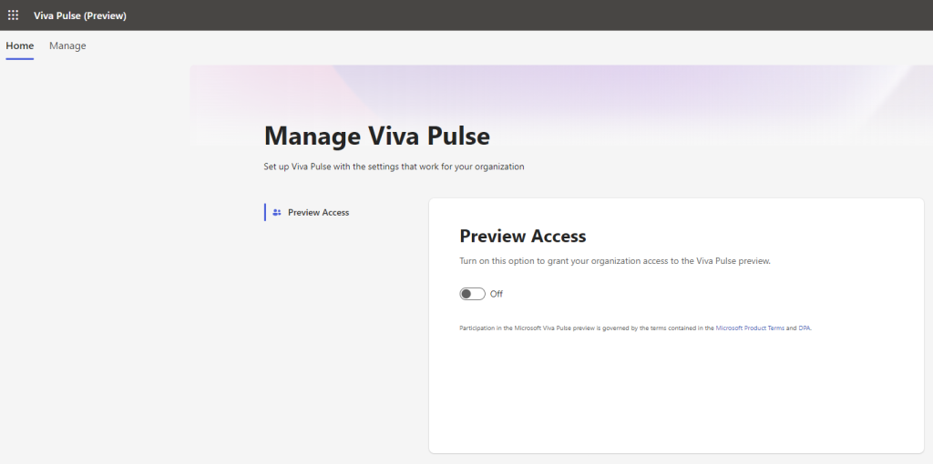 Screenshot of the toggle to enable Viva Pulse preview.  The message reads Turn this option on to grant your organisation access to the Viva Pulse Preview
