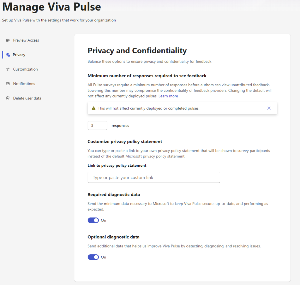 Screenshot of Viva Pulse Privacy settings including ability to set min number of users to see results, space to enter a link to privacy statement, toggle to disable sending required diagnostic data and another toggle to disable sending optional diagnostic data.