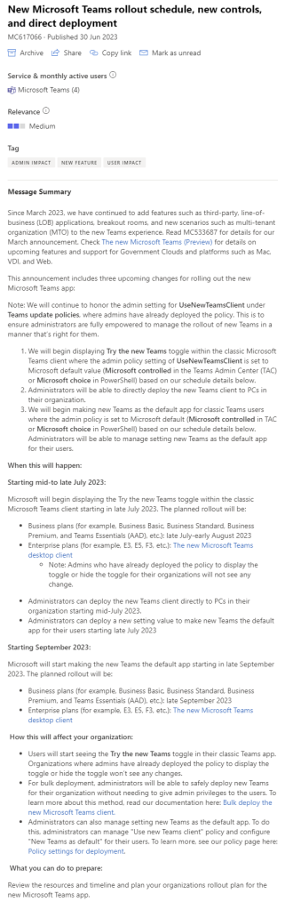 Microsoft 365 message center post announcing rollout of new Teams.  Text is included later in this article