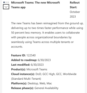 Microsoft 365 roadmap post announcing rollout of new Teams from September 2023